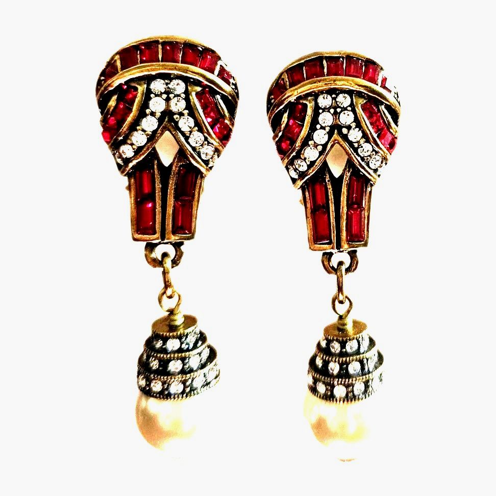 Vtg Heidi Daus Faux Pearl Red Chrystal Dangle Earrings Rare